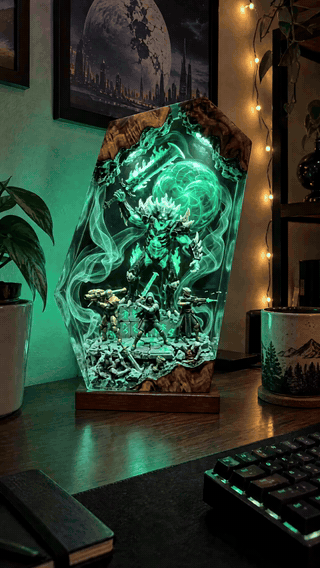 Handmade Destiny resin lamp glowing at home
