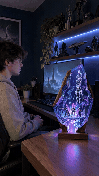 Handmade Destiny resin lamp glowing at home